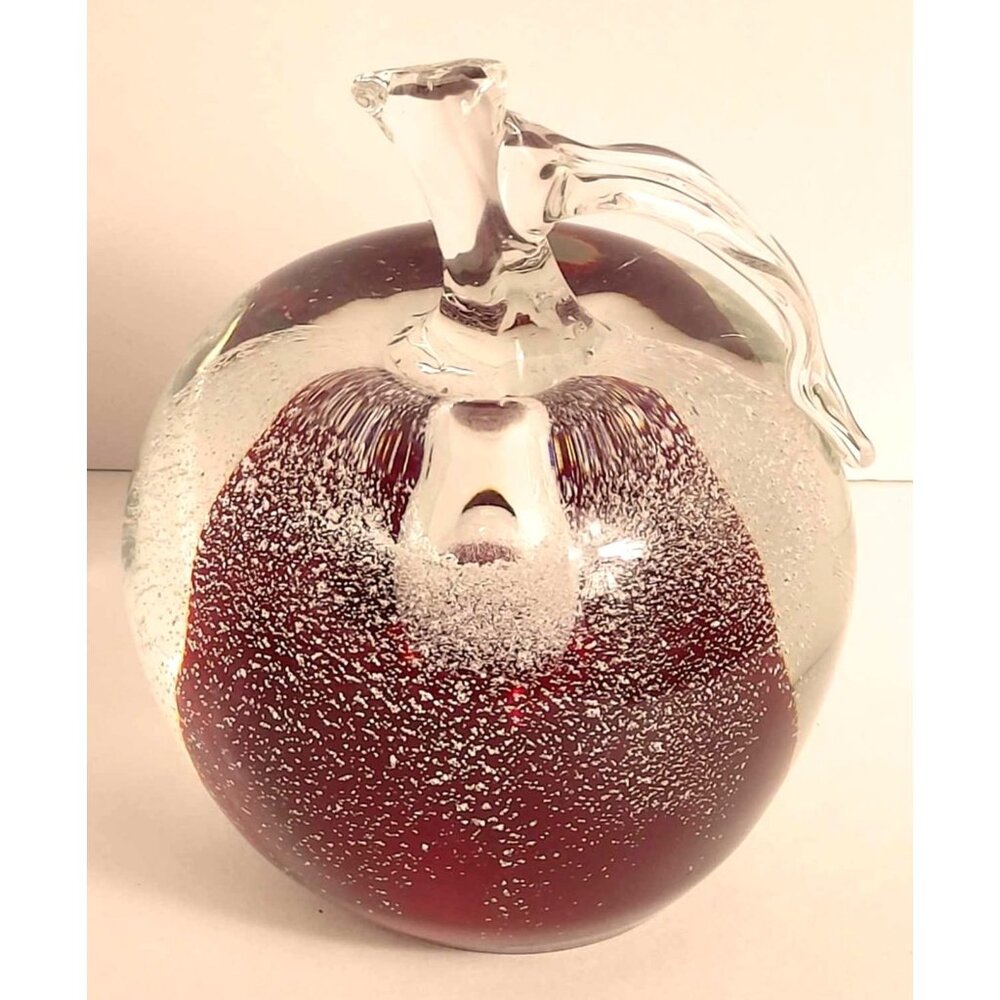 Hand-Blown Glass Apple Paperweight With Clear Leaf & Red Core For Desk Decor